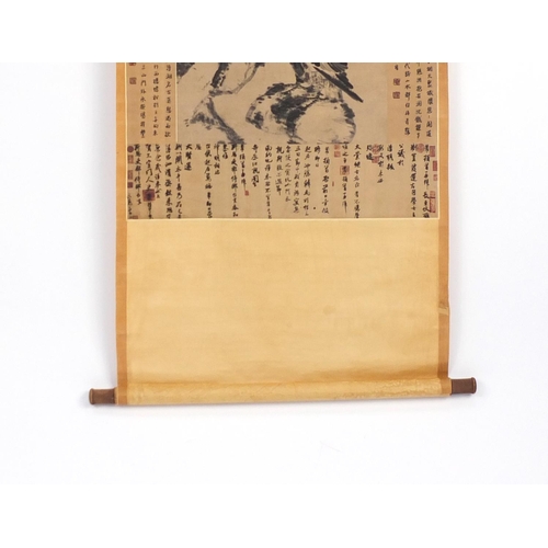 802 - Chinese wall hanging scroll depicting eagles seated on branches and calligraphy, 87cm x 60cm