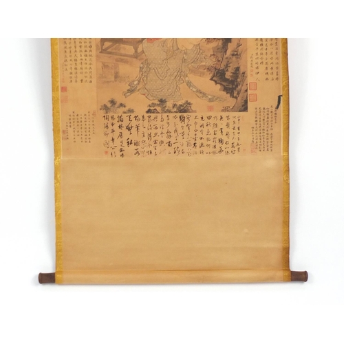 623 - Chinese wall hanging scroll depicting a female artist and calligraphy, 97cm x 61cm