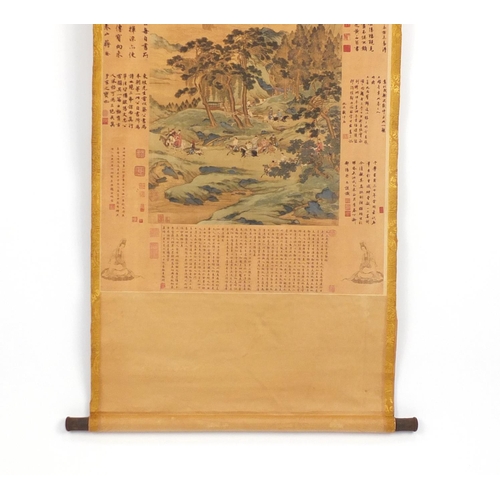 625 - Chinese wall hanging scroll depicting figures on horseback before a mountain landscape and calligrap... 
