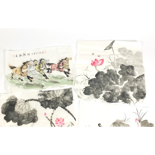 930 - Four Chinese pictures of horses, birds and flowers, the largest  68cm x 68cm