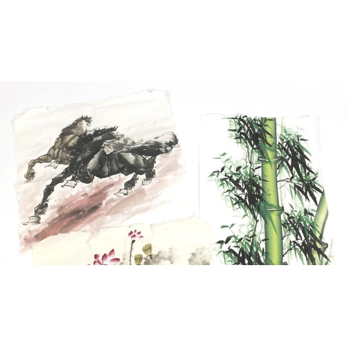 933 - Three Chinese pictures of horses and flowers, the largest 68cm x 68cm