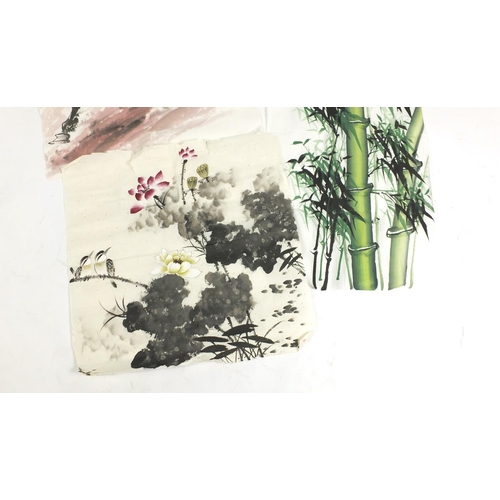 933 - Three Chinese pictures of horses and flowers, the largest 68cm x 68cm