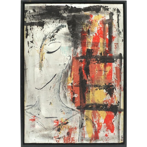 519 - Abstract composition, oil on board, beraing a signature Camn, framed, 86cm x 61cm