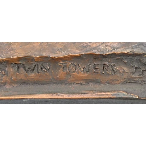 2101a - David Burt 2002 - Twin Towers, relief bronze plaque, framed, 51cm x 35cm