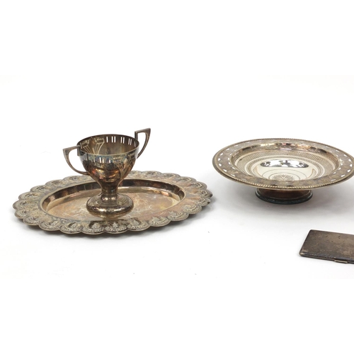 232 - Silver plate including a WMF twin handled pedestal cup, Victorian coffee pot and Walker & Hall oval ... 