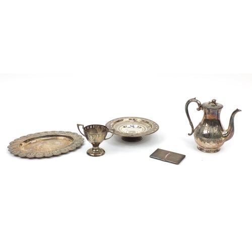 232 - Silver plate including a WMF twin handled pedestal cup, Victorian coffee pot and Walker & Hall oval ... 