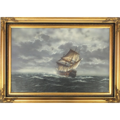 374 - Rigged ship on stormy seas, print in colour on canvas, mounted and framed, 90cm x 60cm