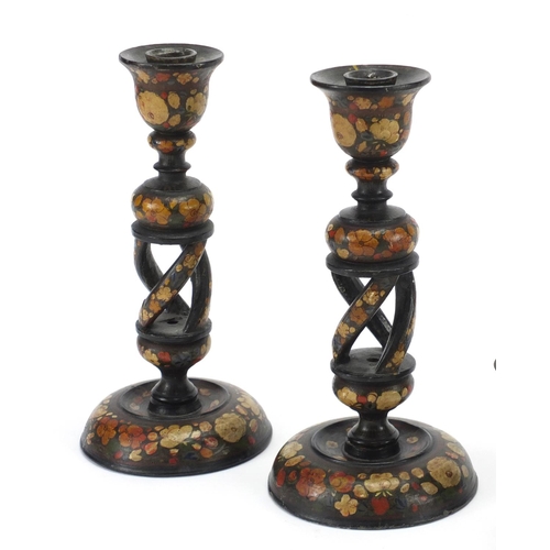 199 - Pair of bronzed elephant candlesticks, a pair of cashmere candlesticks hand painted with flowers and... 