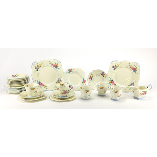 195 - Art Deco teaware by Tuscan, hand coloured with flowers