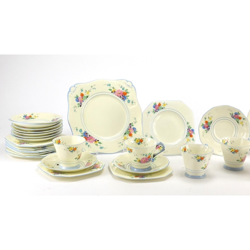 195 - Art Deco teaware by Tuscan, hand coloured with flowers