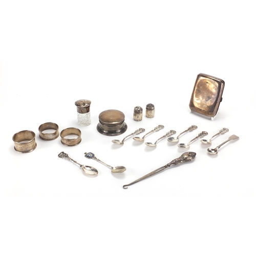 2282 - Silver and white metal objects including a cigarette case, napkin rings, inkwell, Victorian mustard ... 