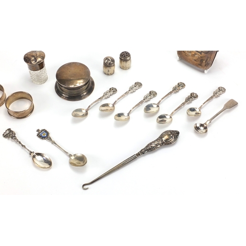 2282 - Silver and white metal objects including a cigarette case, napkin rings, inkwell, Victorian mustard ... 