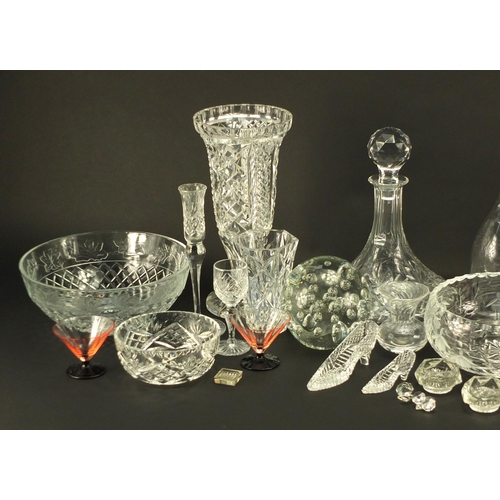 253 - Cut crystal and glassware including vases, decanters, fruit bowls and paperweights
