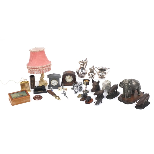261 - Miscellaneous items including a Swiza eight day alarm clock, oak mantel clock, bronzed English Bull ... 