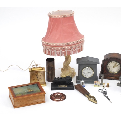 261 - Miscellaneous items including a Swiza eight day alarm clock, oak mantel clock, bronzed English Bull ... 