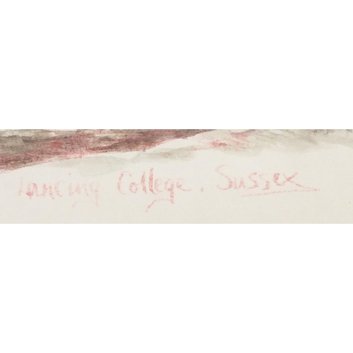 55 - Lancing College, Sussex, pair of ink and watercolours, each bearing an indistinct signature, mounted... 
