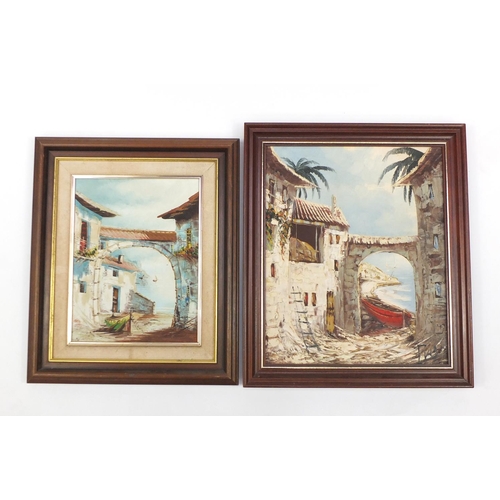 186 - Continental coastal scenes, two oil on canvases, each framed, the largest 45cm x 37cm