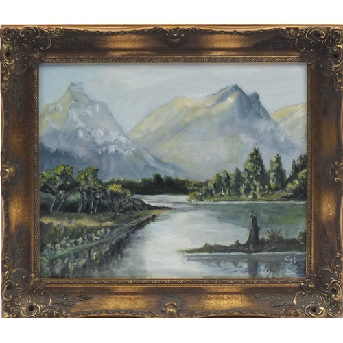 126 - Lake before mountains, oil on board, bearing a monogram CH, framed, 49.5cm x 39.5cm