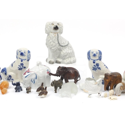 842 - Model animals including Staffordshire style spaniels, Beswick horse and Indian elephants