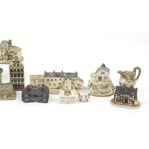249 - Model buildings and cottages including a Coalport pastille burner and Staffordshire china