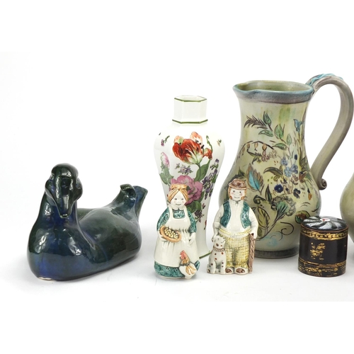 196 - China including hand painted Denby pottery jugs, Rye pottery figural salt and pepper, David Sharp du... 