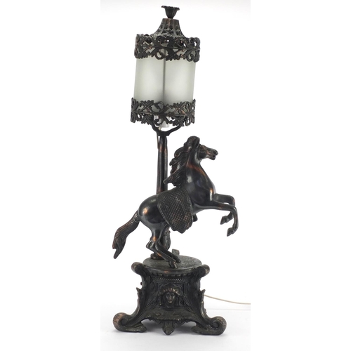 132 - Spelter horse table lamp with glass shade, 60cm high