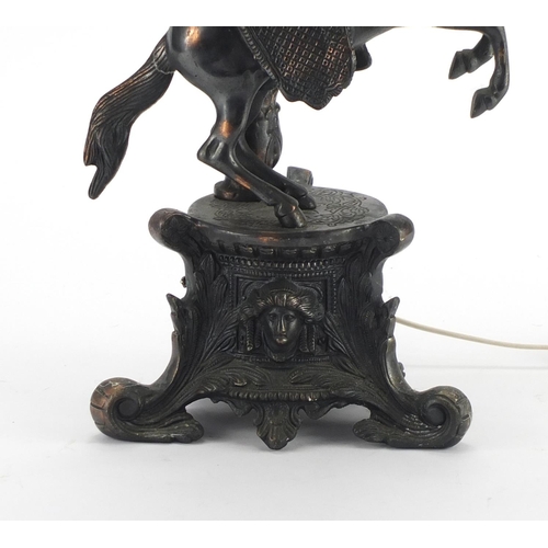 132 - Spelter horse table lamp with glass shade, 60cm high