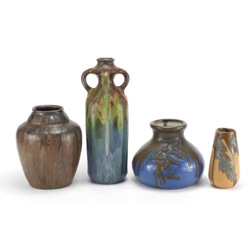 2220 - Four continental art pottery vases including two with floral metal overlay and one with four handles... 