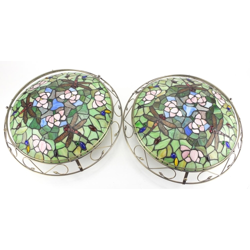 120 - Pair of Tiffany design leaded light pendants, decorated with dragonflies, 46cm in diameter