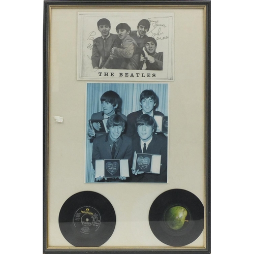 123 - The Beatles 45RM record and photograph display, framed, 72cm x 47cm