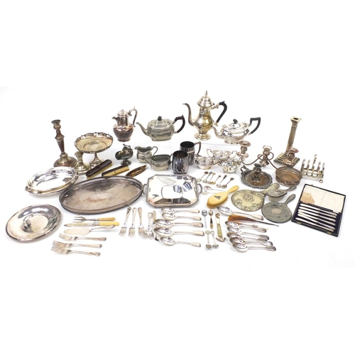 299 - Mostly silver plated items and a set of six silver handled butter knives including teapots, coffee p... 