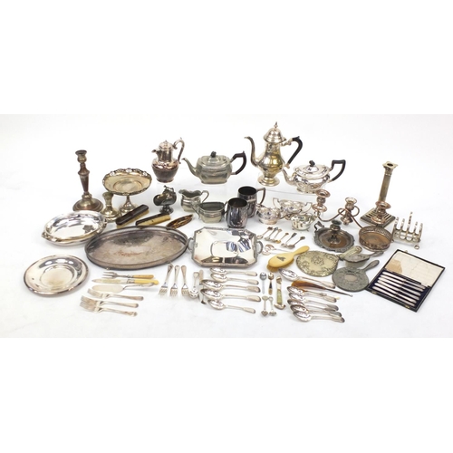 299 - Mostly silver plated items and a set of six silver handled butter knives including teapots, coffee p... 