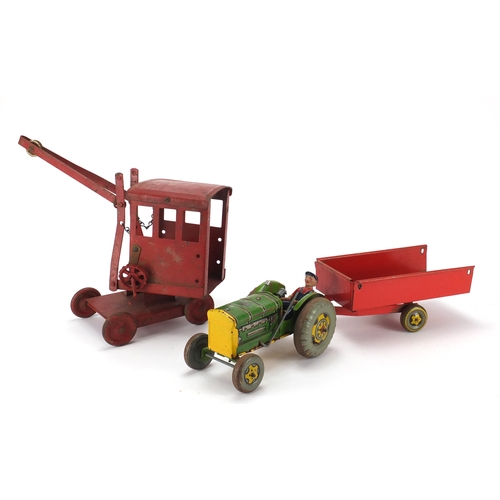 2336 - Mettoy tin plate tractor with trailer and a crane