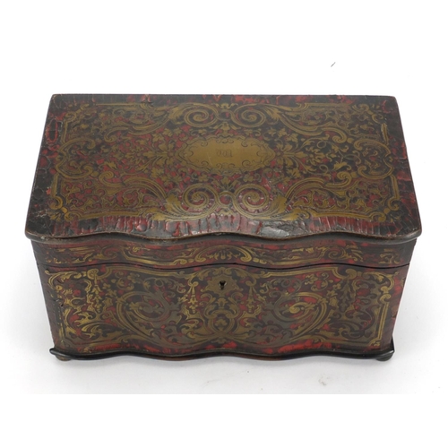 33 - 19th century rosewood and boulle work tea caddy with brass foliate inlay, the hinged lid opening to ... 