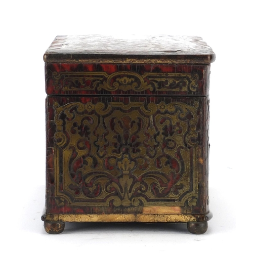33 - 19th century rosewood and boulle work tea caddy with brass foliate inlay, the hinged lid opening to ... 