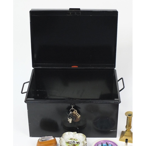 288 - Metalwares including Victorian brass vases, black enamelled lockable case, silver plated cutlery and... 