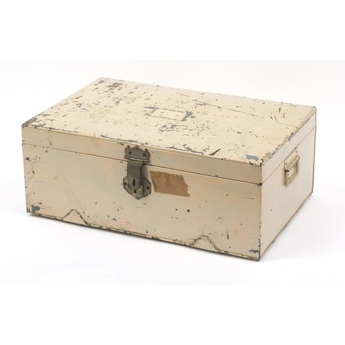 72 - White painted tin trunk, the lock stamped The metal emporium Algarf, 60cm wide