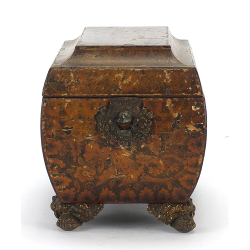 32 - Regency penwork sarcophagus tea caddy, the hinged lid opening to reveal a lidded twin divisional int... 
