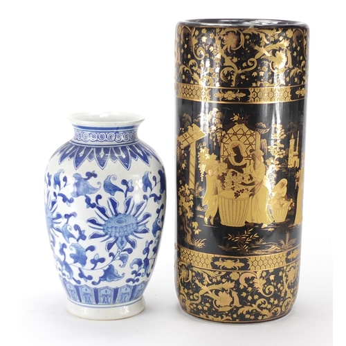 751 - Chinese porcelain stick stand and blue and white vase, the largest 45cm high