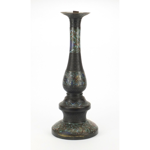 561 - Large Japanese copper and cloisonné candlestick enamelled with flower heads and foliate scrolls, 56.... 