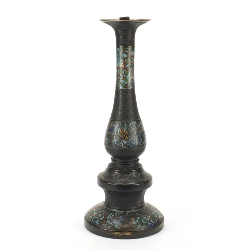 561 - Large Japanese copper and cloisonné candlestick enamelled with flower heads and foliate scrolls, 56.... 