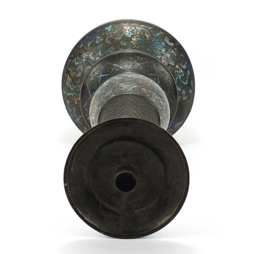 561 - Large Japanese copper and cloisonné candlestick enamelled with flower heads and foliate scrolls, 56.... 