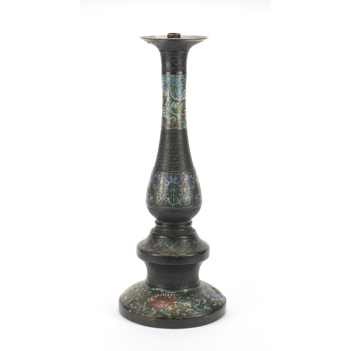 561 - Large Japanese copper and cloisonné candlestick enamelled with flower heads and foliate scrolls, 56.... 