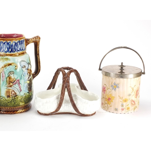 553 - Victorian and later china including aesthetic biscuit barrel, sweet meat dish and Majolica jugs
