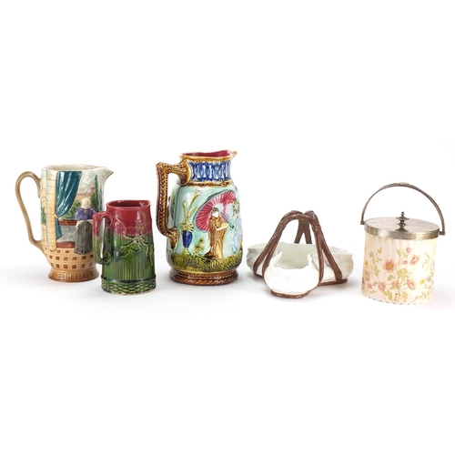 553 - Victorian and later china including aesthetic biscuit barrel, sweet meat dish and Majolica jugs