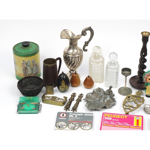 262 - Miscellaneous items including silver plated ewer, cut glass decanters, Victorian brass trivet and si... 
