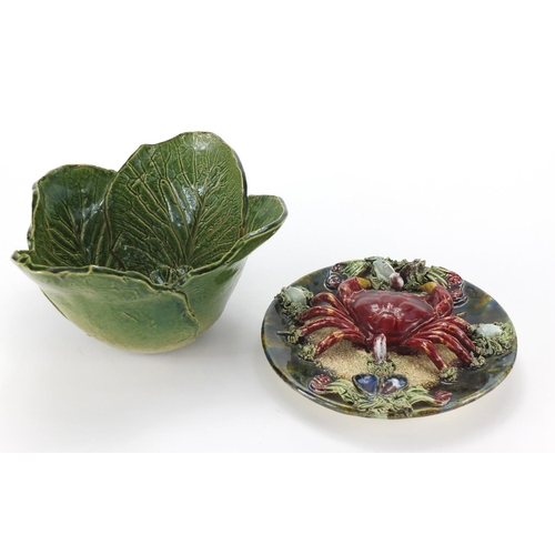 551 - Majolica crab plate and cabbage leaf bowl, the plate 22.5cm in diameter