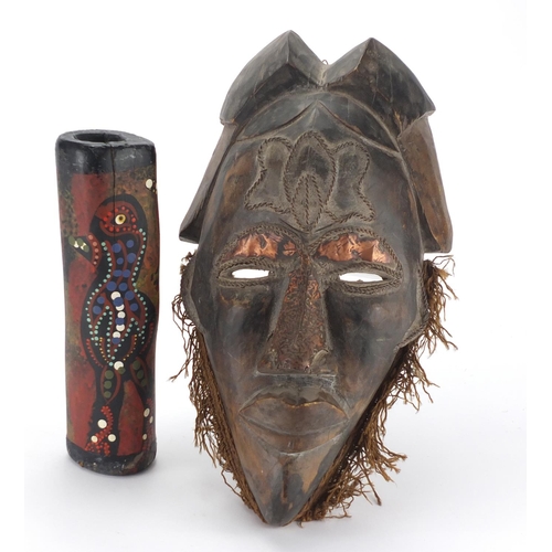 785 - African carved wood wall mask with copper and wire inlay and an Aboriginal carving, the mask 40cm in... 