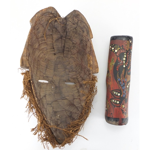 785 - African carved wood wall mask with copper and wire inlay and an Aboriginal carving, the mask 40cm in... 