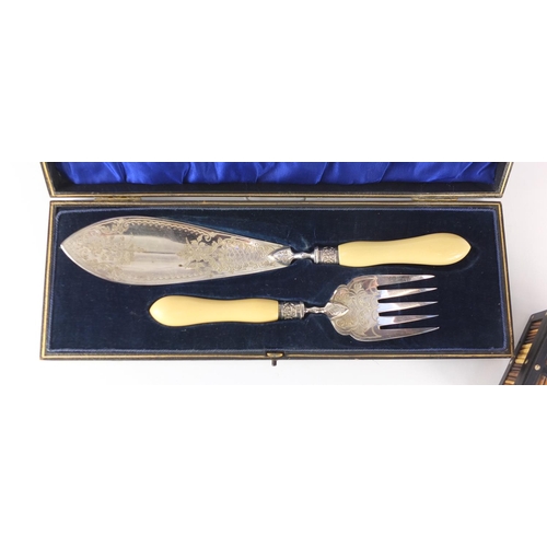200 - Pair of Victorian silver plated fish servers with ivorine handles and a porcupine quill box